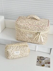 1件/套 花卉图案灯芯绒化妆包，多功能化妆品收纳袋，便携式化妆整理包，带拉链，适用于化妆品、护肤品、口红、化妆刷、护手霜、耳机、硬币、钥匙、小物件，居家、旅行、度假、上学使用，化妆包、洗漱包、旅行必备、邮轮必备、宿舍必备、伴娘礼物、母亲节礼物、生日礼物、送给朋友和老师的礼物 - 黃色 - 查看 18