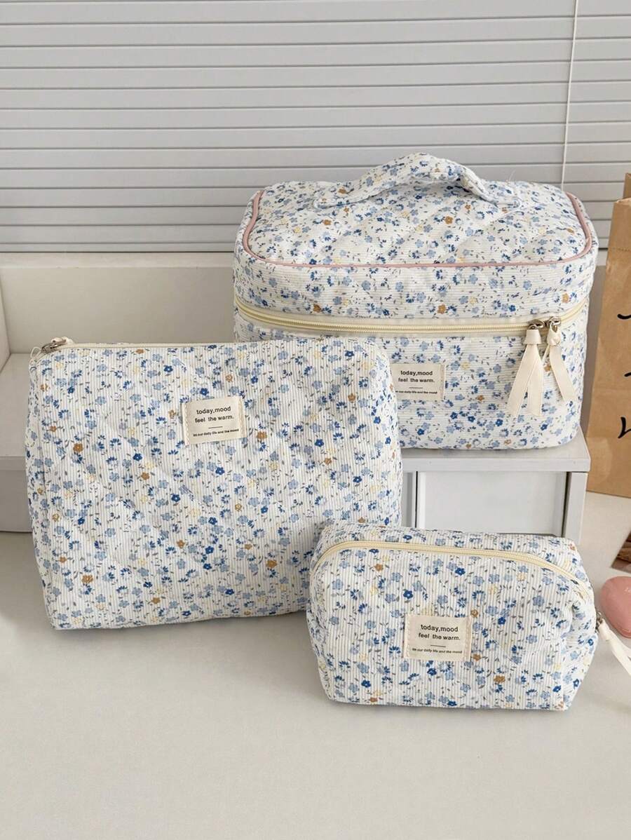 1 Pieza/Set Bolsa de Maquillaje Floral de Pana Organizador Cosmético Multifuncional Portátil con Cierre de Cremallera para Cosméticos, Cuidado de la Piel, Lápiz Labial, Brochas, Crema de Manos, Auriculares, Monedas, Llaves, Artículos Pequeños para Uso en el Hogar, Viajes, Vacaciones y Escuela - Bolsa de Maquillaje, Bolsa de Aseo, Accesorios de Viaje, Regalos para Damas de Honor, Mamá, Cumpleaños, Amigos y Maestros