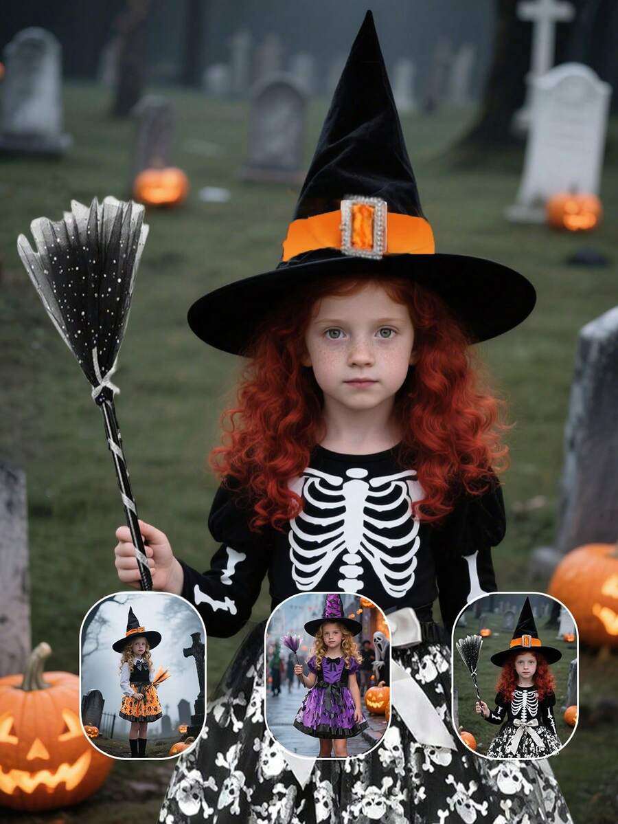 Set fustă scurtă de balet vrăjitoare pentru fete, cu pălărie și mătură, fustă scurtă cu curea elastică pentru dressing de Halloween, prințesă vrăjitoare costumată, violet negru portocaliu, articole de petrecere, decor cameră, cadouri de petrecere pentru copii - Multicolor - Vizualizare 1