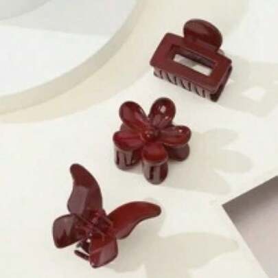 3件套小花朵蝴蝶发夹，红色圣诞发饰女士花爪夹秋季配饰秋冬度假装女士