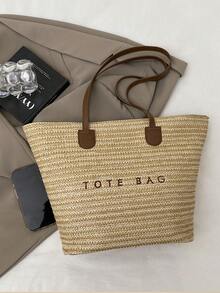 Large Capacity Casual Vacation Straw Tote Bag, Minimalist Elegant Women Shoulder Handbag, Hottest Beach Bags For Women, Fashion Summer Vacation Bag, Beach Essentials Women Bags For Vacation & Holiday - Coffee Brown - View 3