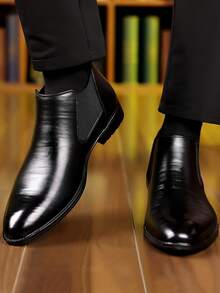 1 Pair Men's Pull-On Round Toe Mid-Calf Chelsea Boots, PU Upper, Rubber Outsole, Durable Business Casual, Autumn/Winter (Run Large) - Black - View 4