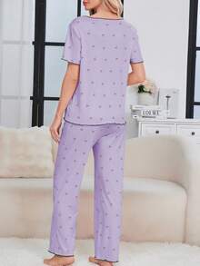 Maternity Sleepwear Set, Minimalist V-Neck With Cute Cherry Print And Bow Accent Maternity Loungewear Set - Mauve Purple - View 2