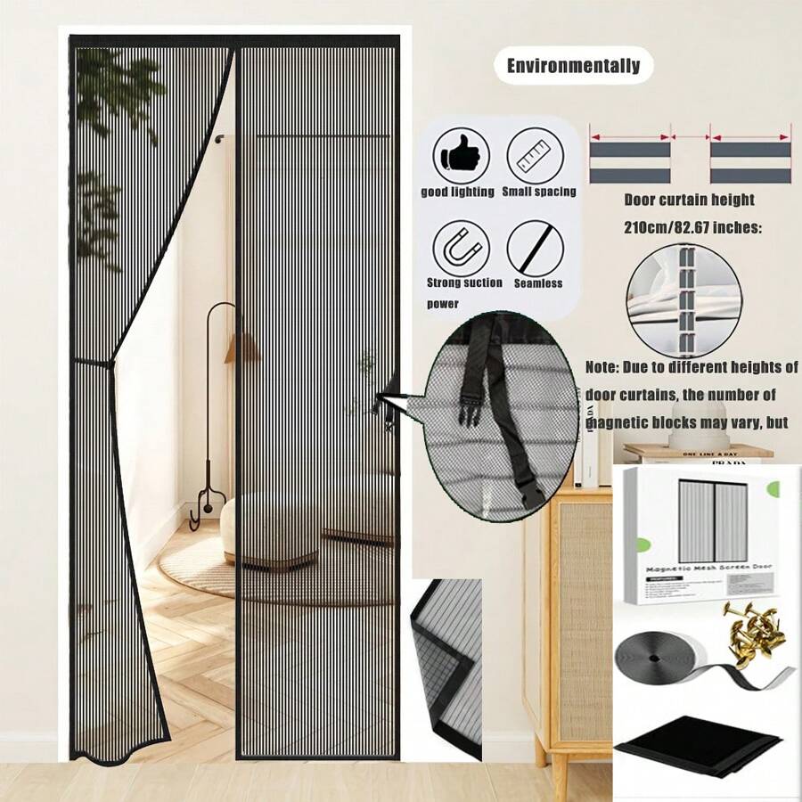1件磁性纱门，网状帘布，配有强力磁铁和全框魔术贴，多种颜色可选（灰色、白色、黑色、棕色），隐藏式磁条设计，优雅紧密闭合，密实网眼，有效防蚊虫并保护隐私。