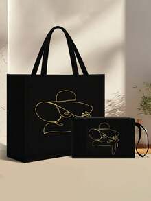 印花手提袋，金色印花女士手提袋套装，手提袋和化妆包，轻便大容量手提袋，可重复使用购物袋，便携式旅行沙滩包（含化妆包），生日礼物，教师节礼物，护士节礼物，周年纪念礼物，最佳礼物，度假风字母设计购物袋 - 彩色 - 查看 8