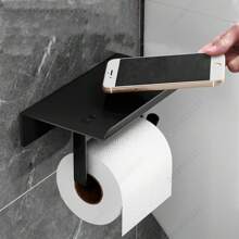 1PC Wall Mounted Toilet Paper Holder With Phone Shelf Stainless Steel Self Adhesive Or Screw Toilet Paper Roll Holder - Rustproof And Bathroom Washroom Tissue Roll Holder With Shelf, Bathroom Accessories, Bathroom Storage And Organization Bathroom Accessaries Bathroom Tools - Multicolor - View 2