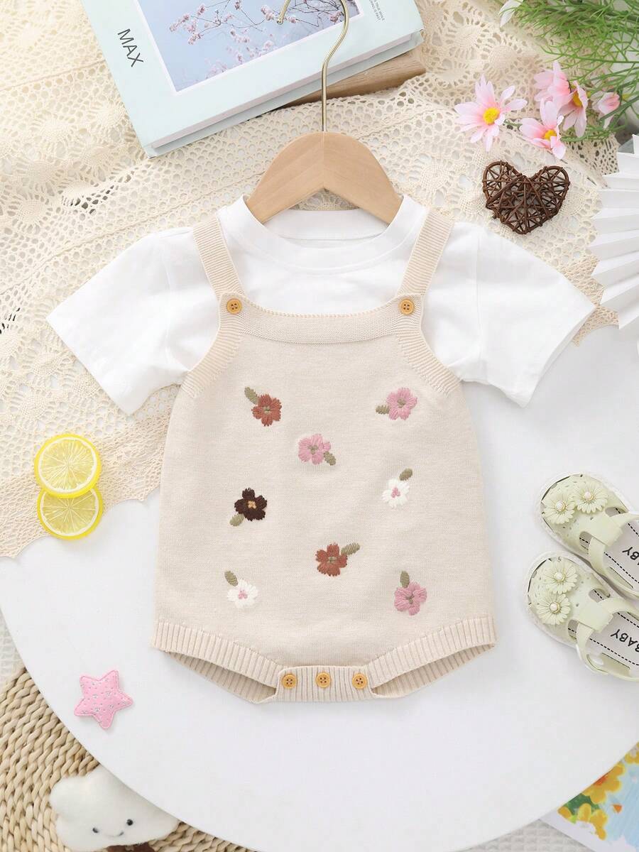 Infant Girls' Lightweight Knitted Flower Embroidery Strap Bodysuit, Summer - 米色 - 查看 1