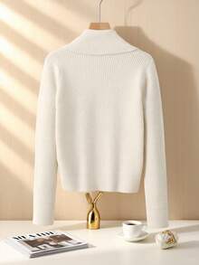 1pc Women's Solid Color Collar Cardigan, Knitted, Front Button Pocket, Ribbed, Suitable For Return To School, Party, Travel And Everyday Wear