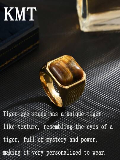 KMT Anel grosso de aço inoxidável com pedra natural de olho de tigre, joia unissex moderna e estilosa, presente de verão para pai, amigo ou casal
