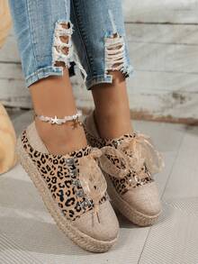 Damskie, modne, płaskie, sznurowane, z okrągłym noskiem, z wzorem w panterkę, uniwersalne, codzienne buty, które można nosić o każdej porze roku