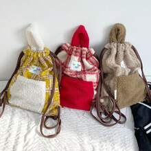 Women Shoulder Bags - 圈圈呢束口雙肩包-棕綠條紋 - 查看 4