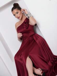 Long Dress For Bridesmaid – One Shoulder With Ruffle And Slit Elegant Simple Elegant Party Satin Side Opening Zipper Pleated Bridesmaid Civil Wedding Debutante Graduate Formal And Evening - 紅木色 - 查看 5