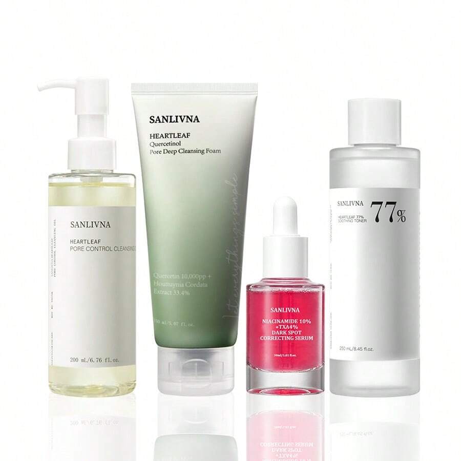 Conjunto de Cuidados com a Pele Clareadora Heartleaf de 4 Peças - Óleo Removedor de Maquiagem, Creme de Limpeza, Tônico Calmante e Essência. Exfolia, Limpa os Poros, Nutre Profundamente, Uniformiza o Tom da Pele, Atenua Manchas, Acalma a Pele. Adequado para Homens, Mulheres e Adolescentes. Cuidados com a Pele Coreana com Brilho. - Conjunto de 4 peças para correção de manchas escuras - Visão 1