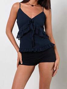 Women's Chiffon Ruffled Camisole Solid Color Spaghetti Strap V-Neck Slim Fit Crop Tank Tops Streetwear - Azul marino - Ver 3