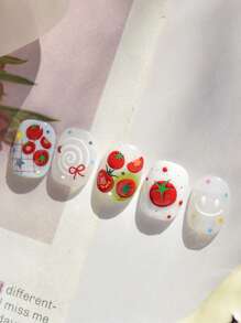 1片中式番茄果冻美甲贴纸，透明亮面自粘美甲装饰，可爱番茄绿叶图案，适合日常美甲美足，趣味装饰