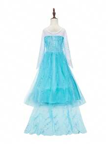 9 件套蓝色花卉网眼长袖女童连衣裙假发配饰服装套装，儿童角色扮演服装，适合万圣节、圣诞节、派对、舞台表演