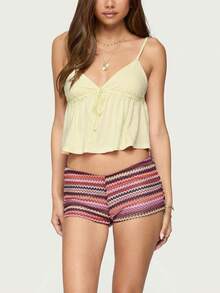 Womens V-Neck Babydoll Tank Top Summer Front Tie Crop Tops Solid Color Slim Camisole Spaghetti Strap Cami Tops Casaul Open Back Blouse For Streetwear Going Out Outfit - Màu vàng - Xem 1