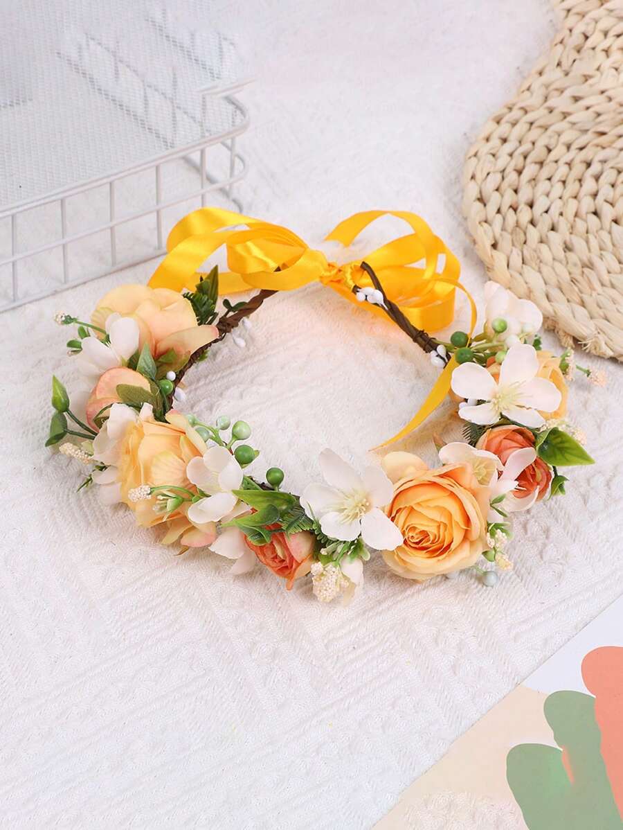 1 件粉红玫瑰花波西米亚新娘花环、浪漫婚礼装饰、花冠、头饰、服装皇冠、头花环、头饰、发圈、发箍 - 橘色 - 查看 1