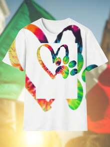 T Shirt Uomo Colorful Heart with Paw Print Maglietta Casual Manica Corta Regalo Amante Animali Stile Unico Comoda Qualità Moda Novità Outfit Estivo Must Have
