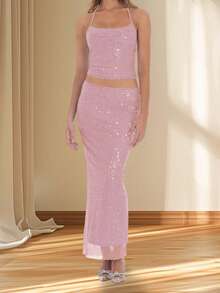 Women Sequin 2 Piece Set Tie-Up Halter Neck Open Back Crop Tops Low Rise Long Bodycon Skirt For Party Club - Hồng - Xem 3