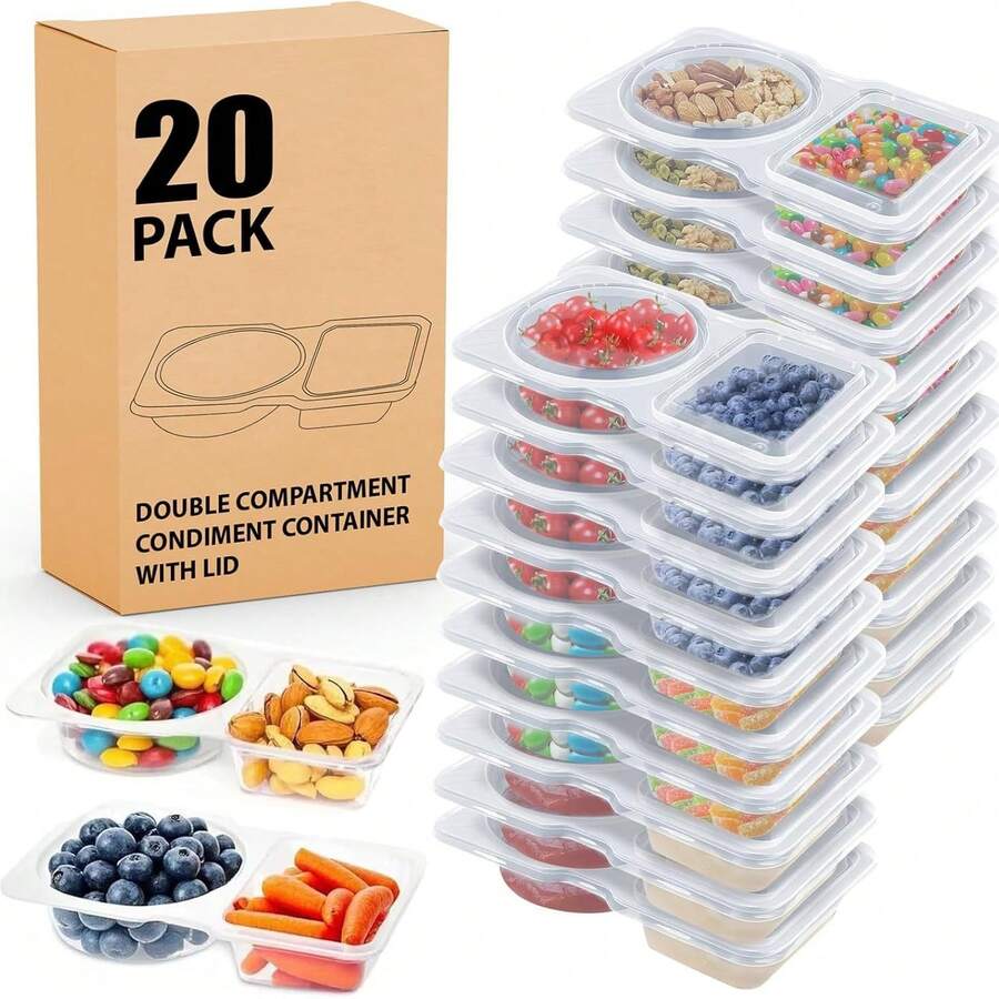 20 Set Reusable Snack Containers, 2-Compartment Dipping Containers With Lid For Refrigeration, Portion Control, Outdoor Takeaway Sauce Dip Case - Clear - View 1