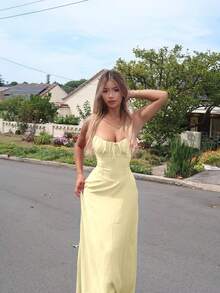 Women's Elegant & Sexy Blue Spaghetti Strap Bowknot Waist A-Line Maxi Dress, With Bowknot & Pleated Bust Decor, Suitable For Afternoon Tea, Shopping, Dating, Vacation Or Party Wear, Spring/Summer & All Season Sleeveless Maxi Dress (Recommend Ordering One Size Down) - Yellow - View 4