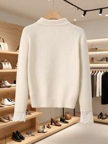 Turtleneck Lace Patchwork Women Pullover Sweater, Solid Color Knitted Openwork, Suitable For Everyday Wear, Autumn/Winter, Back To School, Halloween, Christmas