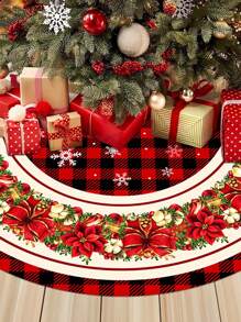 圣诞树裙，红色格子圣诞树裙，节日花卉图案，圣诞树裙布，适合家居圣诞装饰，圆形树裙