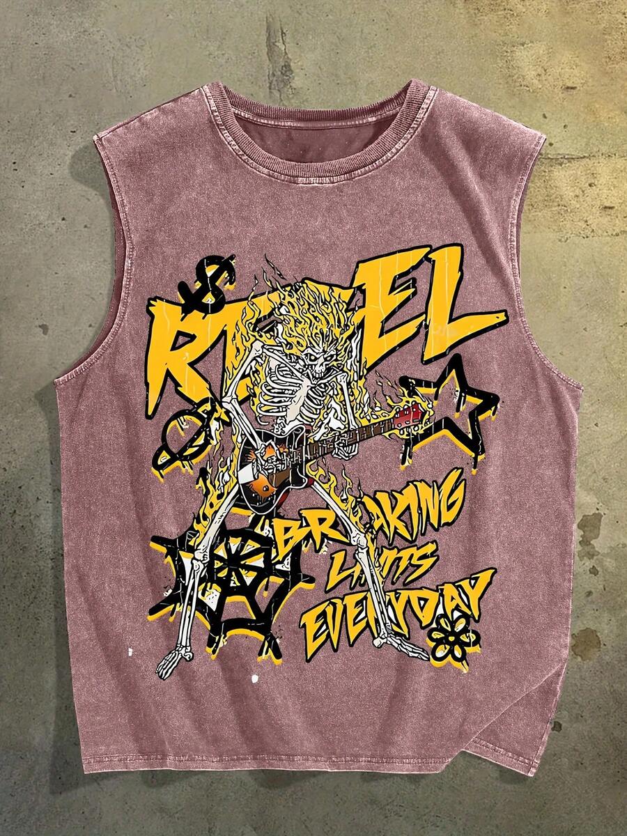Guitar Singer  Print New Men's Premium Printed 230G Heavy Pure Cotton Washed And Aged Waistcoat Sleeveless Vest Men's T-Shirt, Summer Casual T-Shirt Casual T-Shirt - Màu cà phê - Xem 1