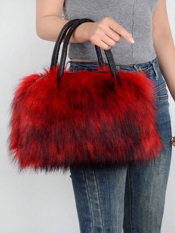 New Plush Wrist Strap Bag For Women, Autumn/Winter Faux Fur Clutch Bag, Fashionable Handbag With Large Space, Faux Mink Fur Long Hair Square Bag With Large Capacity