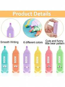 Bộ 4/5/6 bút dạ quang hình gấu nhỏ dễ thương, đầu bút vát màu pastel, đồ dùng học tập cho trường học và mẫu giáo. - Nhiều màu - Xem 6