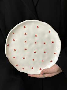 1pc Ins-Style Handpainted Asymmetrical Ceramic Plate, Cute Cartoon Cherry Heart Plate, Dessert Snack Dish, Afternoon Tea Cake Plate, Western Dinnerware, Steak Pasta Plate, Fruit Salad Plate, Holiday Gift For Family & Friends