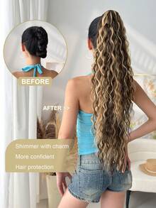 Ekstensi Rambut Ekor Kuda Model Cakar, Rambut Keriting Bergelombang, Bahan Elastis, Hitam/Cokelat, Rambut Panjang Tahan Panas 26 Inci, Cocok untuk Pesta Natal dan Halloween - Ombre Coklat - View 4