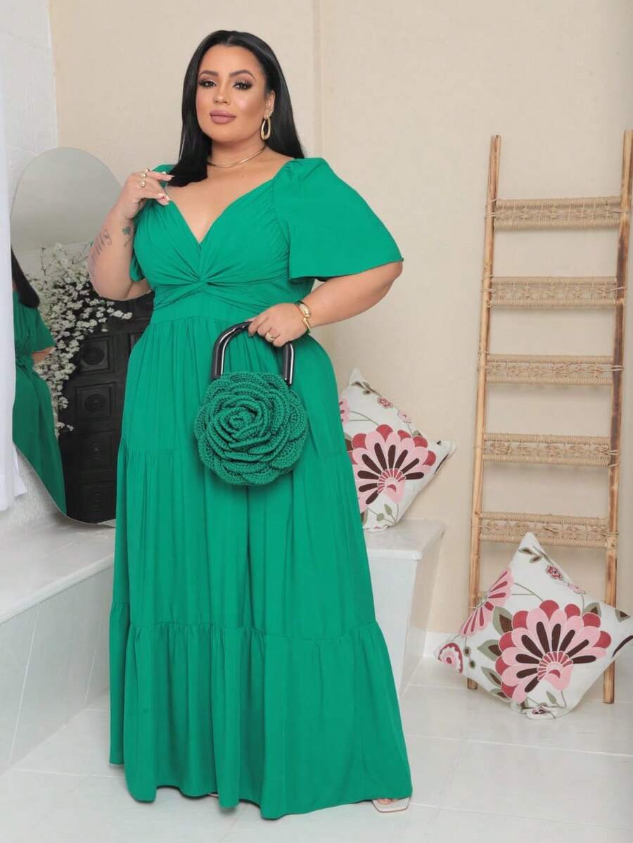 Women's Long Plus Size Dress With Wrap Around Front, Party Fashion - 綠色 - 查看 1
