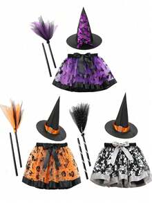 Set fustă scurtă de balet vrăjitoare pentru fete, cu pălărie și mătură, fustă scurtă cu curea elastică pentru dressing de Halloween, prințesă vrăjitoare costumată, violet negru portocaliu, articole de petrecere, decor cameră, cadouri de petrecere pentru copii - Multicolor - Vizualizare 7