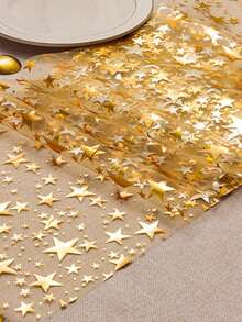 1 pezzo Runner da tavolo con stampa stelle in lamina d'oro, 28 cm x 274 cm, in tessuto di poliestere metallizzato, adatto per vacanze, primavera, tovaglia da matrimonio, decorazione matrimonio, decorazione casa, decorazione stanza, regalo per feste, decorazione per compleanni di nozze, addio al nubilato, decorazioni natalizie per la casa, regali di Natale, decorazioni natalizie