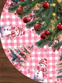 Christmas Tree Skirt, Pink Plaid Background With Warm Snowman Pattern And Christmas Tree Design, Christmas Party Decor Fabric, Christmas Tree Decoration