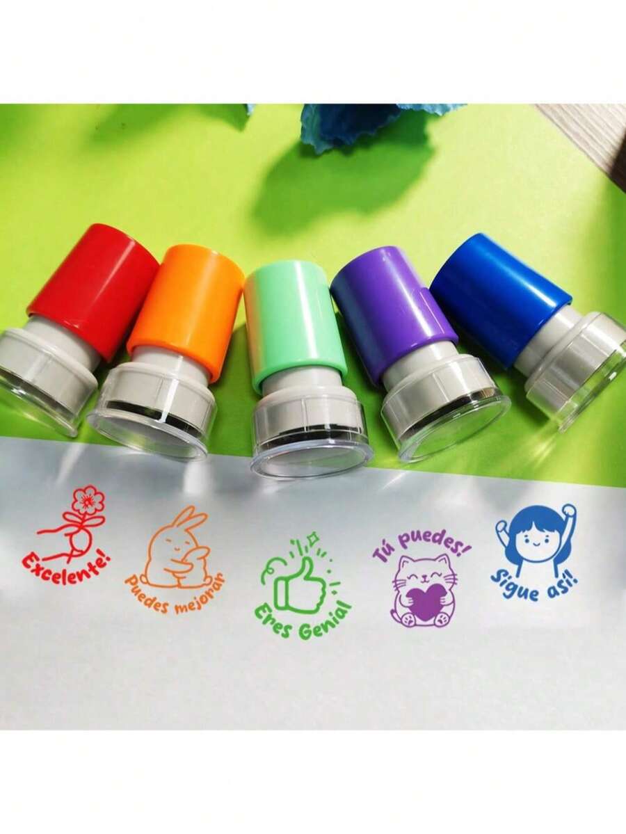 5pcs Colorful Spanish Cartoon Praise Stamp Set, Motivational Phrases, Spanish Learning Reward, Teacher & Parent Encouragement Stamps, "Great!", "You Can Do It!", Positive Affirmation