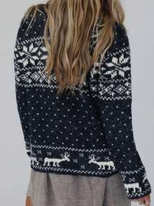 2025 جاكيت كاردجان خارجي للنساء من خليط الصوف بياقة عالية وأكمام طويلة وسحاب أمامي، بنمط معاصر ملون بتصميم معقد لأشكال الغزلان والمربعات، مناسب للخريف والشتاء