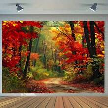 1pc 2D Banner, Autumn Forest Background Cloth, Maple Leaves & Hidden Path Design Decor, Autumn Theme Birthday Party Background, Photography Studio Prop