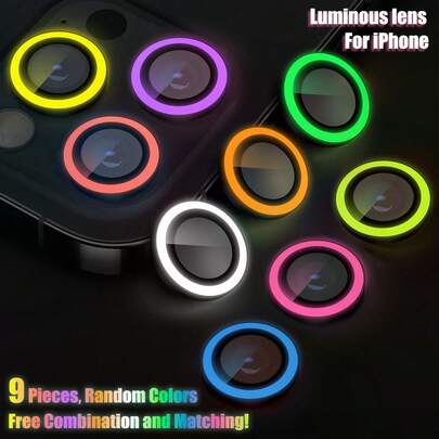 ZYONS 9 piezas de película protectora luminosa en la oscuridad para lente de cámara compatible con iPhone 17 Pro Max/17 Air/16 Pro Max/16E/15 Pro Max/14/13/12/11 Series, 9 colores aleatorios, brillante y luminoso, accesorios de cámara, compatible con fundas de teléfono (color aleatorio)