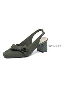 1 Pair Square Toe Slip-On Shoes With Bowknot, Solid Color Backstrap Chunky Heel Pumps For Women, Suitable For Outdoor Walking, Party, Office, Skirts, Casual Pants