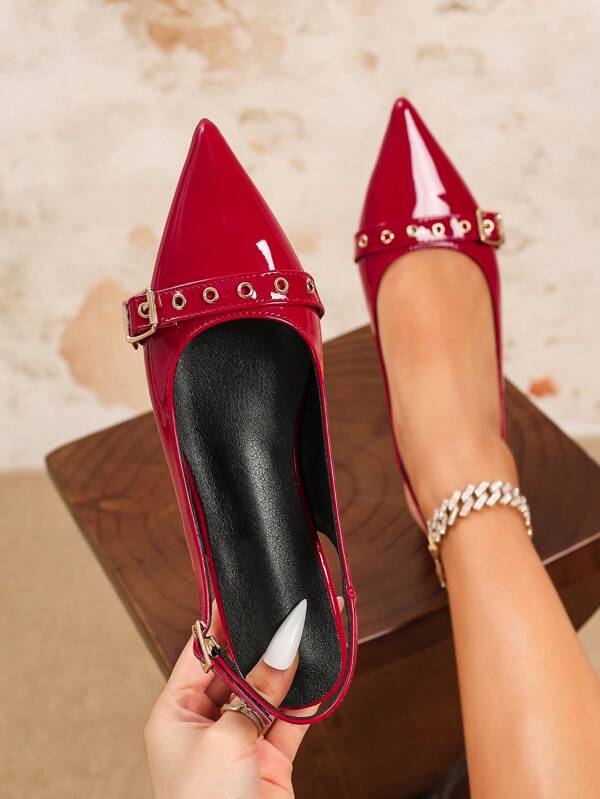 新款时尚女士尖头简约一脚蹬平底鞋，红色，适合婚礼季节和休闲装