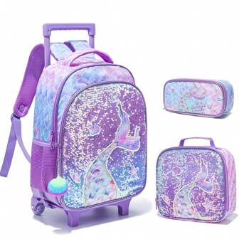 3 件套女孩滚轮背包 16 英寸轻便可爱亮片书包带午餐盒和铅笔盒适合小学和高中，是返校的最佳礼物