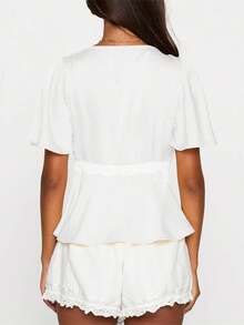 Womens Silk Satin V Neck Short Sleeve Tops Lace Patchwork Peplum Blouses Summer Basic Tank Shirt - White - View 2