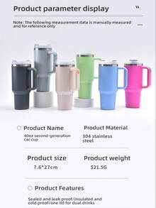 1pc, 40oz Tumbler With Lid, Straw And Handle, Stainless Steel Vacuum Insulated Water Bottle Travel Mug For Iced Coffee, Hot And Cold Tea | 0oz Large Capacity Ice Master Cup Stainless Steel Water Cup Car Cup Straw Mug - Shape - View 6