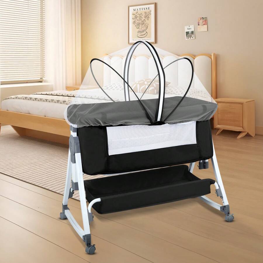 Cododo Foldable Baby Cradle, Bedside Table 80x40cm, Growing Co-Sleeper, Height Adjustable 6 Modes And Mobile On Wheels, Lower Storage Basket, A-Shaped Feet, Mosquito Net, Side Zipper Can Be Fully Lowered, Wheels With 360 Degree Rotation