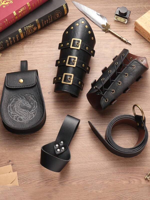 Conjunto Renascentista Medieval de Cavaleiro Viking de 5 Peças em Couro PU Retrô, com Protetores de Braço de Couro Sintético para as Quatro Estações, Cintos, Bainha e Bolsas de Cintura, Adequado para Festivais LARP, Apresentações em Palco
