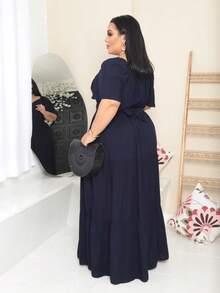 Women's Long Plus Size Dress With Wrap Around Front, Party Fashion - Navy Blue - View 2