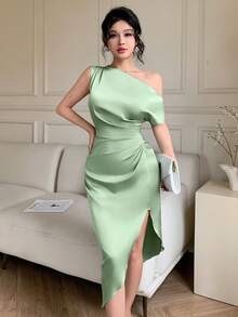 abyoxi 鼠尾草绿优雅不对称领口腰部手工褶皱缎面连衣裙，适合约会、生日派对、婚礼、返校舞会等场合，新款女装 - 綠色 - 查看 9